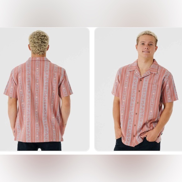 Rip Curl Topanga Short Sleeve Button Up Beach Vacay Shirt Coral - Picture 2 of 9